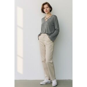 24/7 MAURICES Gray Heathered Long Sleeve Criss Cross Neck Top Womens Large